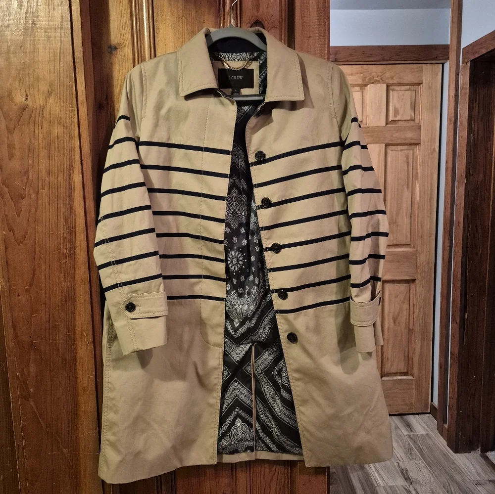 J.Crew Women's Size 6 Striped Beige Navy Blue Trench Coat Jacket